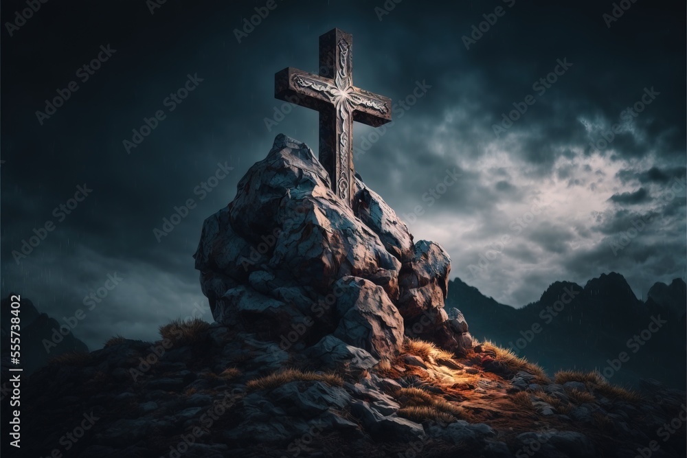 Poster a cross on a mountain with a dark sky in the background and clouds in the background. generative ai