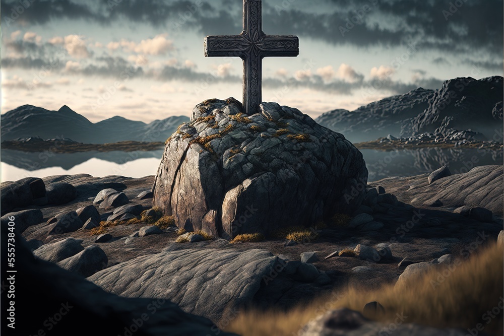 Poster a cross on a rock with a sky background and clouds in the background. generative ai