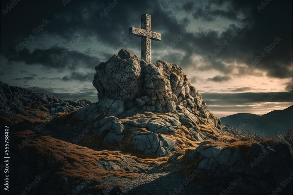 Poster a cross on a rock in the middle of a field with a cloudy sky in the background. generative ai