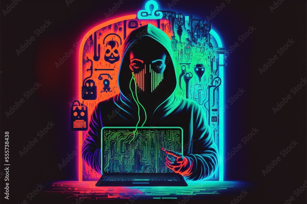 Poster a man in a hooded sweatshirt using a laptop computer with a neon background and a neon neon glow beh