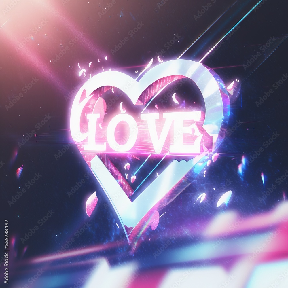 Poster a heart shaped object with the word love in the middle of it and a star burst in the background. gen
