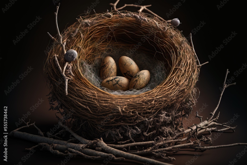 Poster a nest with three eggs in it on a black background with twigs and twigs around it. generative ai