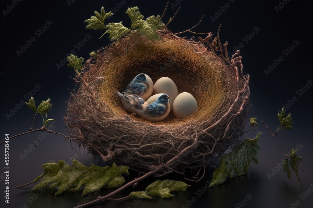 Poster a nest with three eggs and a bird's nest on a branch with leaves and ivy on a dark background. gener