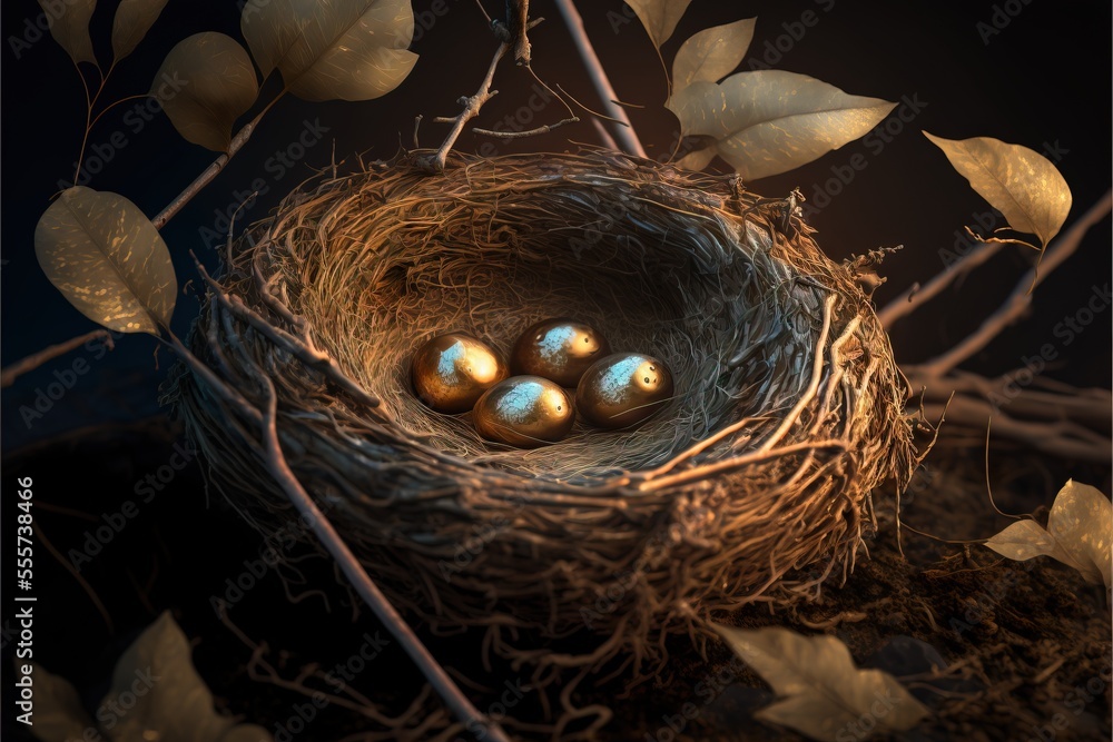 Poster three golden eggs in a nest on a tree branch with leaves around it and a dark background with leaves