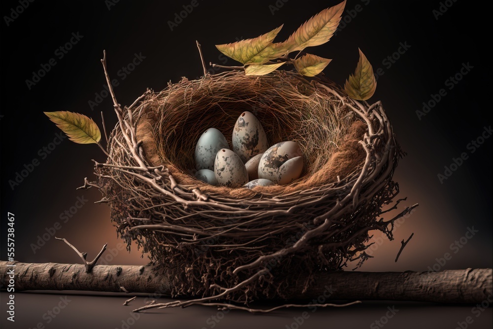 Poster a bird nest with four eggs and leaves on a branch with a dark background. generative ai