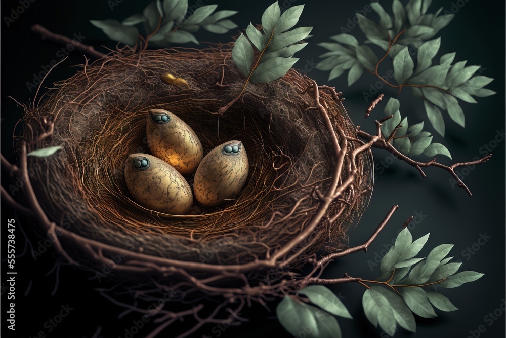 Poster a bird nest with three eggs in it and a bird sitting on top of it's nest with leaves. generative ai