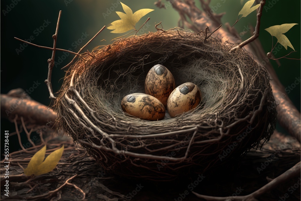 Poster a bird nest with three eggs in it and leaves flying around it. generative ai