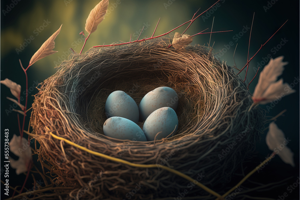 Aufkleber a nest with three blue eggs in it and leaves around it. generative ai