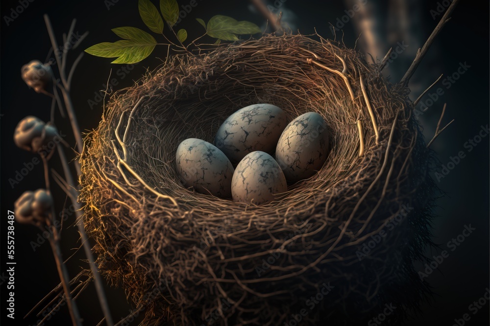 Poster a nest with four eggs in it on a branch with leaves and twigs around it. generative ai