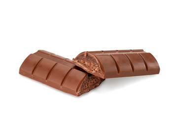 Milk chocolate bar with soft cereal and hazelnut filling cut in half isolated on white, clipping path