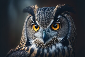  a close up of an owl with yellow eyes and a black background with a blurry background behind it. Generative AI - obrazy, fototapety, plakaty