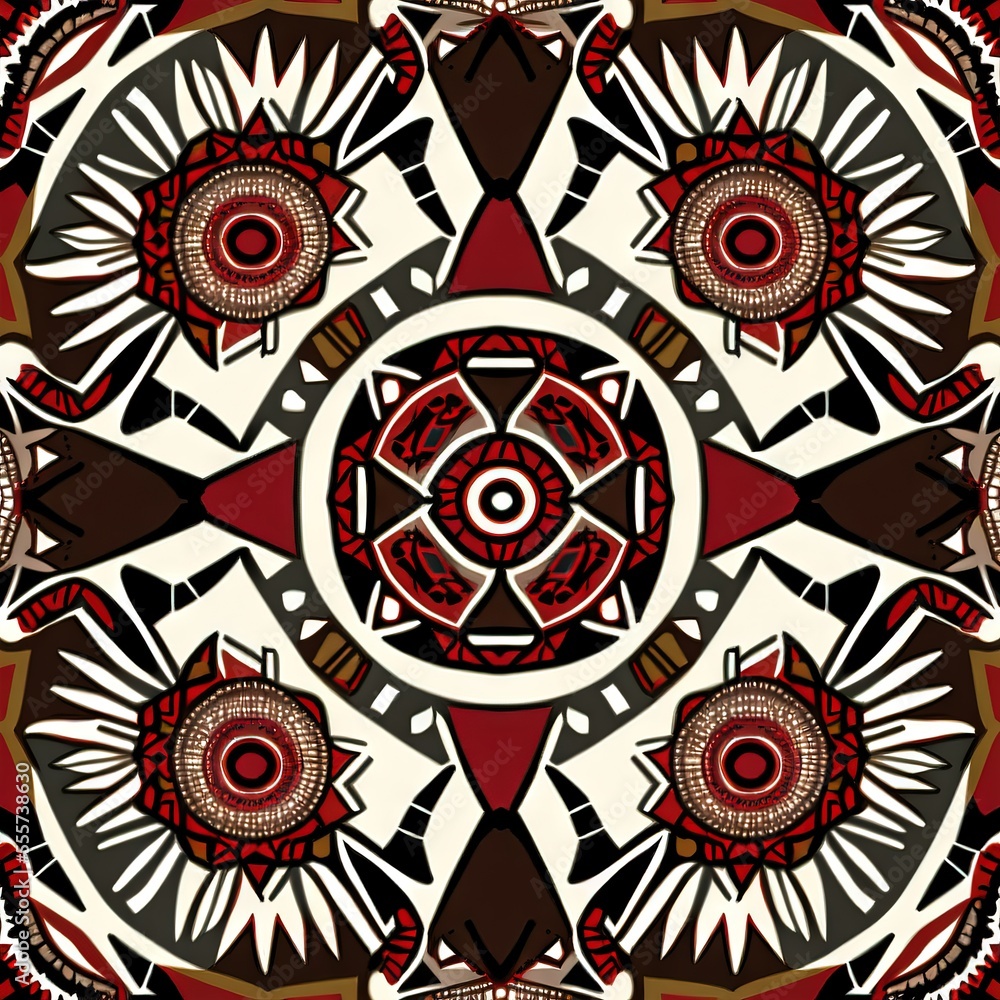 Poster a circular design with a red and black design on it's center and a brown and white design on the cen