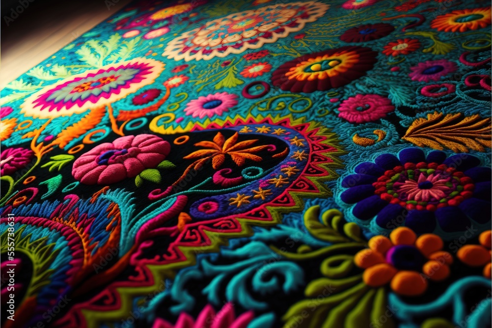 Poster a colorful table cloth with a design on it's surface and a wooden table top in the background. gener