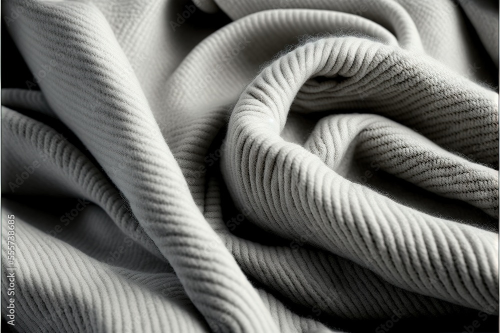 Poster a white fabric with a twisted design on it's side and a black and white background with a white bord