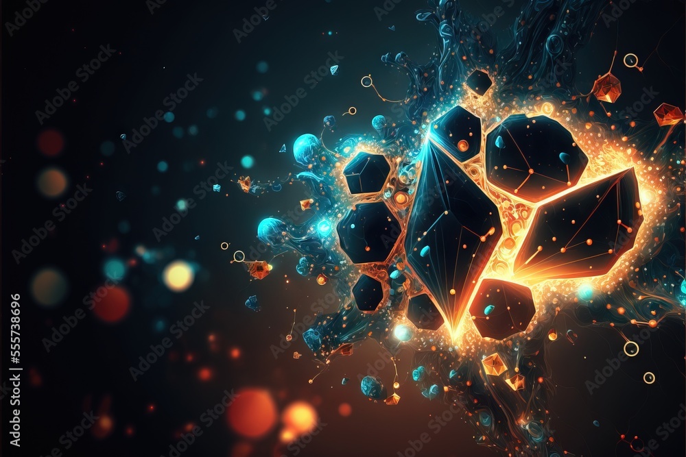 Poster a computer generated image of a glowing object with bubbles and bubbles around it. generative ai