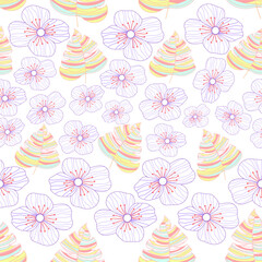  line art flowers and leaves seamless pattern. Floral line art rainbow colored seamless vector pattern. Floral surface seamless vector pattern. It is suitable for tiles, decorations, fabric, packaging