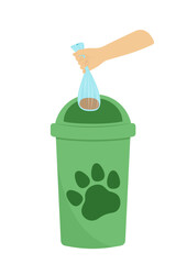 Hand is throwing away dog bag of poop in trash can. Flat, cartoon, vector