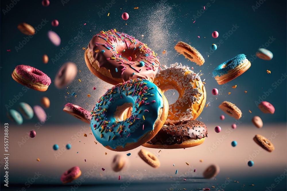 Poster a bunch of donuts that are in the air with sprinkles on them and on the ground. generative ai