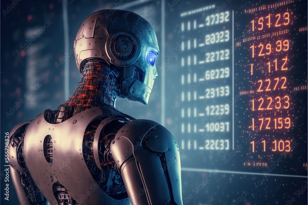 Poster a robot looking at a wall of numbers in a futuristic setting with a blue light shining on it's face.