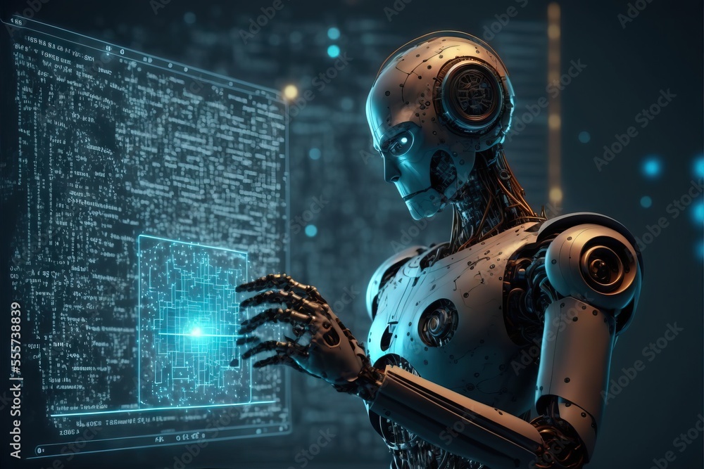 Poster a robot is looking at a screen with a lot of data on it in the background photo is a city. generativ