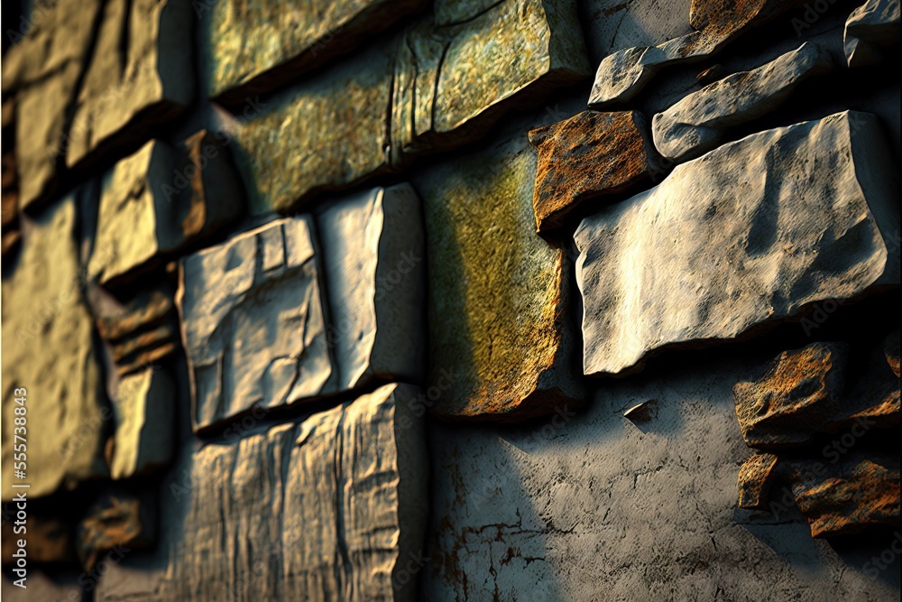Poster a wall made of rocks with a clock on it's side and a clock on the side of it. generative ai
