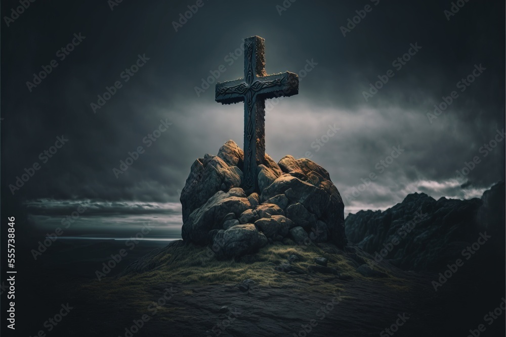 Poster a cross on a rock in the middle of a field with a dark sky in the background and a dark cloud in the