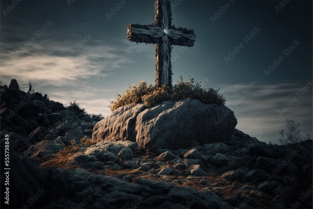 Poster a cross on a rock with a sky background and clouds in the background. generative ai
