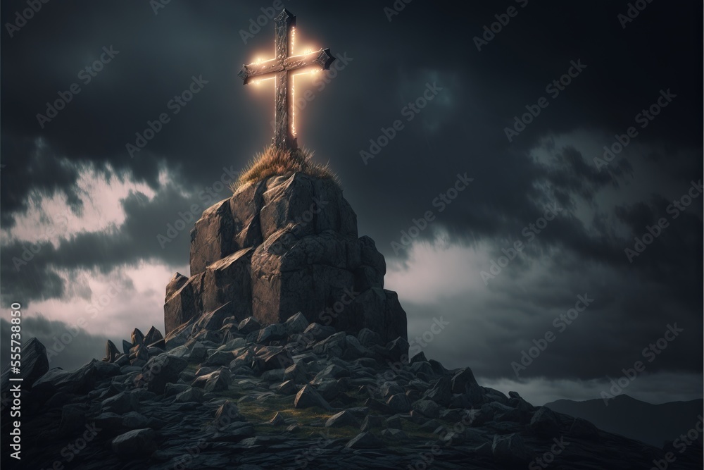 Poster a cross on top of a mountain with a sky background and clouds above it. generative ai