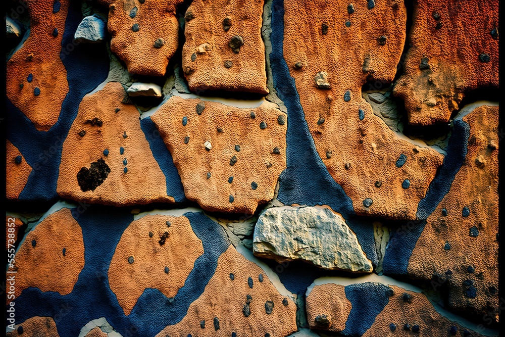Poster a rock wall with a rock embedded in it and a blue background with a few holes in it that are all ove