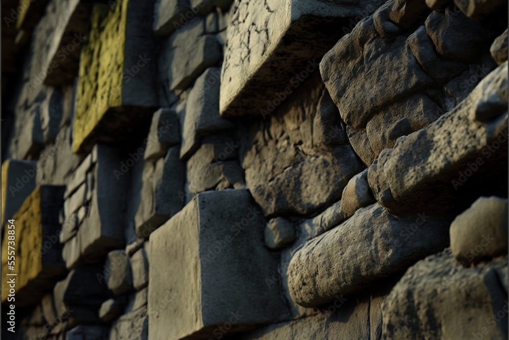 Poster a close up of a stone wall with a clock on it's side of it's face. generative ai
