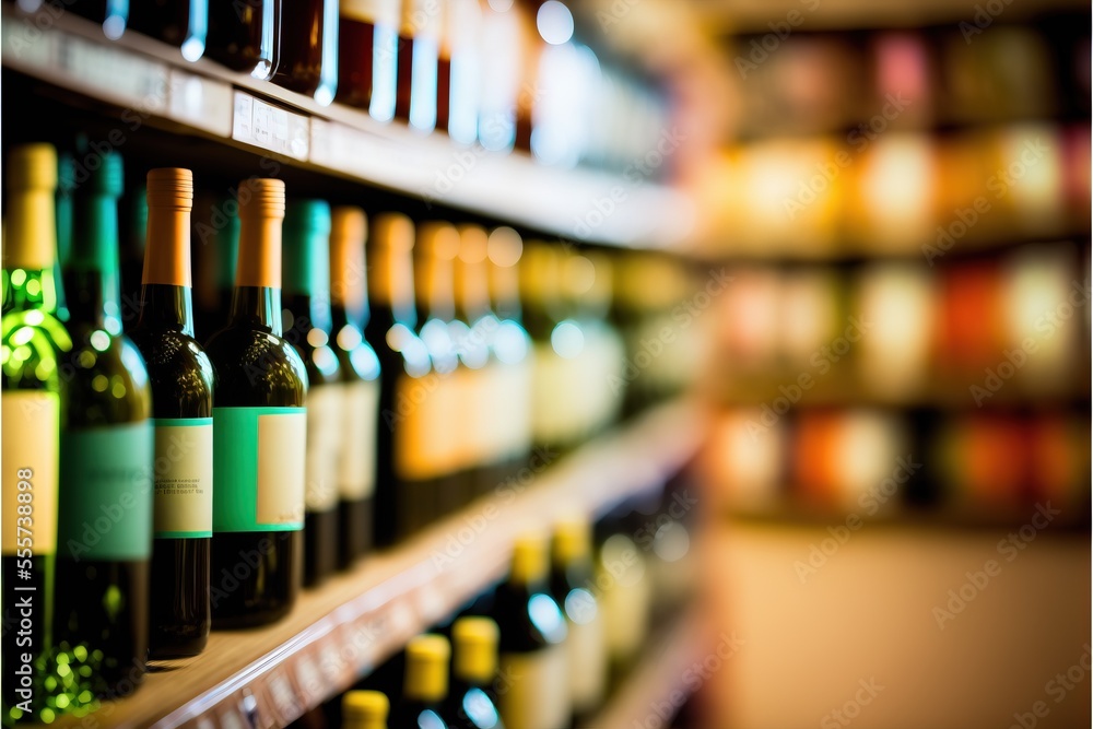 Poster a shelf of wine bottles in a store or wine cellar with blurry background of bottles of wine on shelv