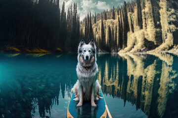A gorgeous lake in the forest with a naturally blue eyed pole ski dog. Generative AI