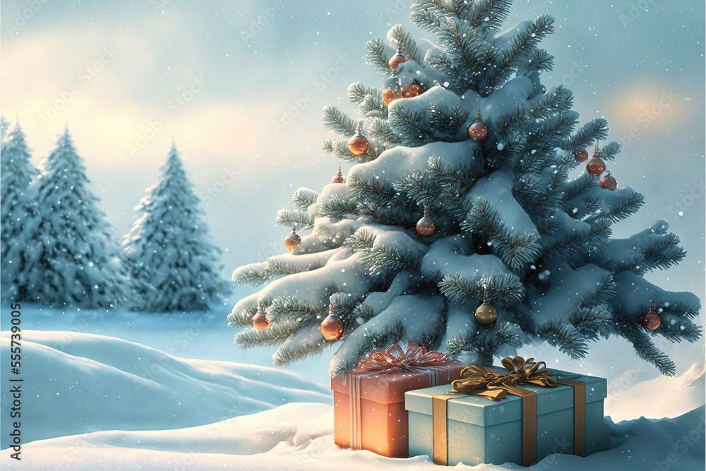 Poster a christmas tree with presents under it in the snow with a sky background and snow covered trees in 