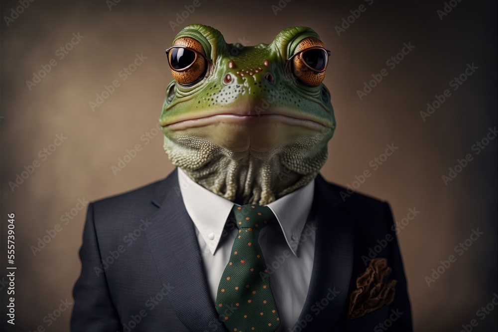 Poster a frog wearing a suit and tie with a suit jacket and tie on it's lapel and a green polka dot tie. ge