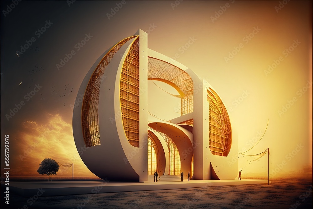 Poster a large white building with a large tree in the background and a sunset in the background with a per