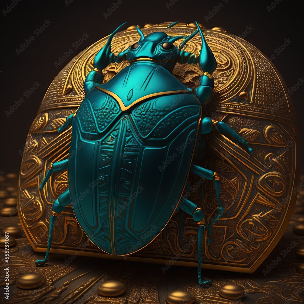 Poster a blue beetle sitting on top of a gold object on a table with gold circles around it and a black bac