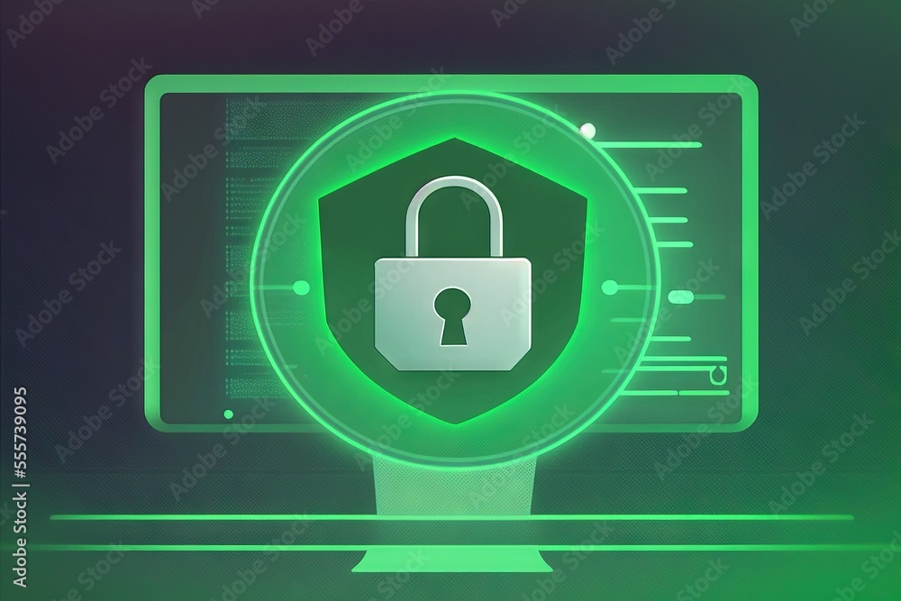 Poster a computer screen with a lock on it and a green glow around it that is glowing green and has a dark 