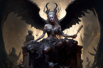 A gorgeous angel lady with shimmering wings plays the violin while perched on a giant held stone platform, surrounded by unsettling black horned shadows of bloodthirsty demons. art. Generative AI