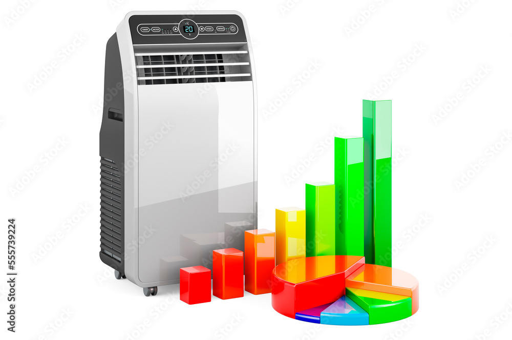 Poster portable conditioner with growth bar graph and pie chart, 3d rendering