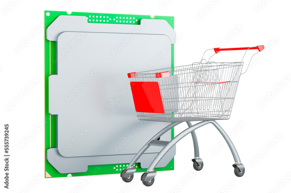 Poster shopping cart with cpu. 3d rendering