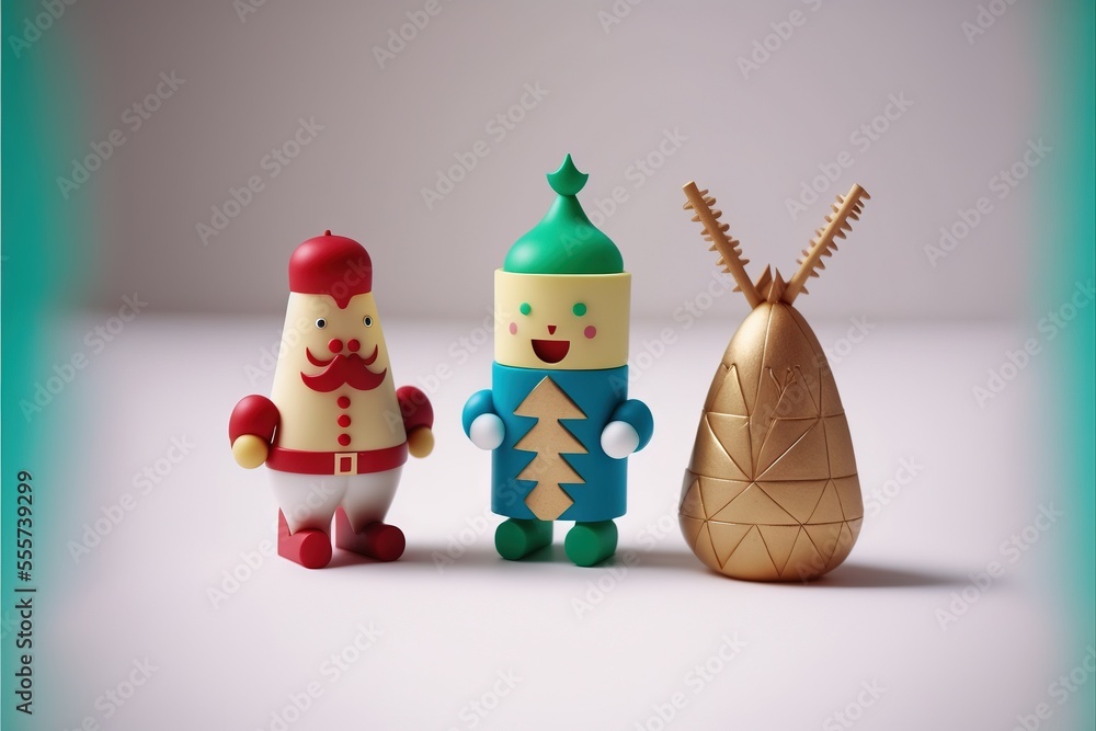 Poster three toy figures are standing next to a pine cone and a pine cone vase with a nutcracker. generativ