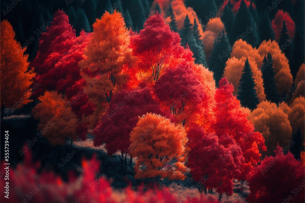 Poster a painting of a forest with red and orange trees in the background and a black background with a whi