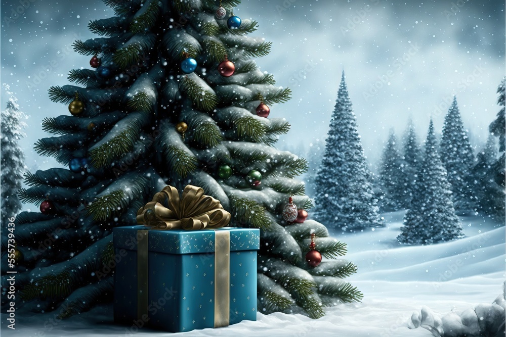 Poster a christmas tree with presents in front of it and a snowy landscape behind it with a sky background 