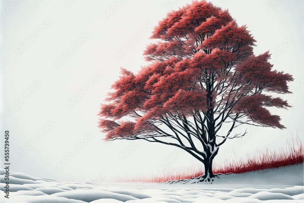 Poster a painting of a tree in the snow with red leaves on it's branches and a red grass area. generative a