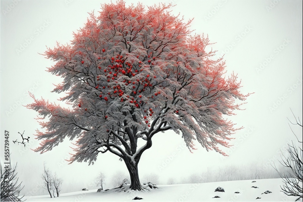 Poster a tree with red leaves in the snow with a white sky background and a few birds flying around it. gen