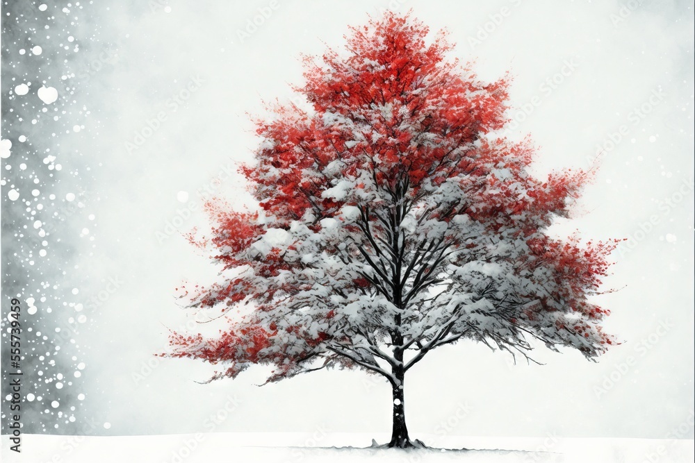 Aufkleber a red tree in a snowy landscape with snow falling on it and a gray sky behind it with white snow. ge