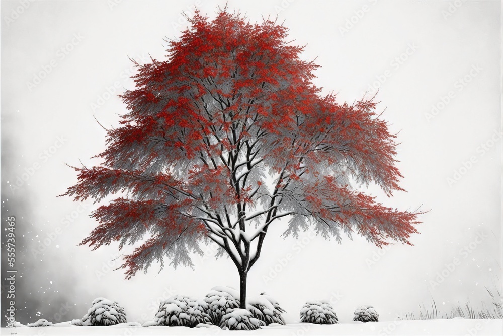 Poster a red tree in a snowy landscape with snow on the ground and trees in the foreground. generative ai