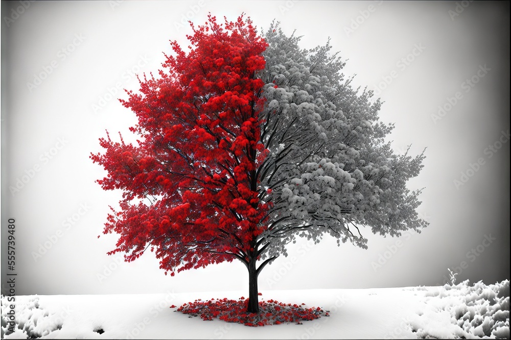 Poster a tree with red leaves and a gray tree with red leaves in the snow with a gray sky background. gener