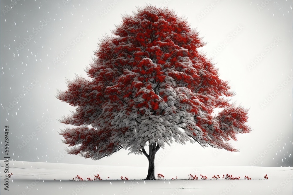Poster a red maple tree standing in the middle of a snowy field, with a white background the tree is covere