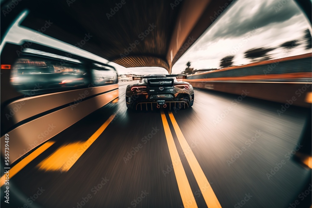 Poster a car driving down a highway next to a tunnel with a sky background and a blurry image of a car. gen
